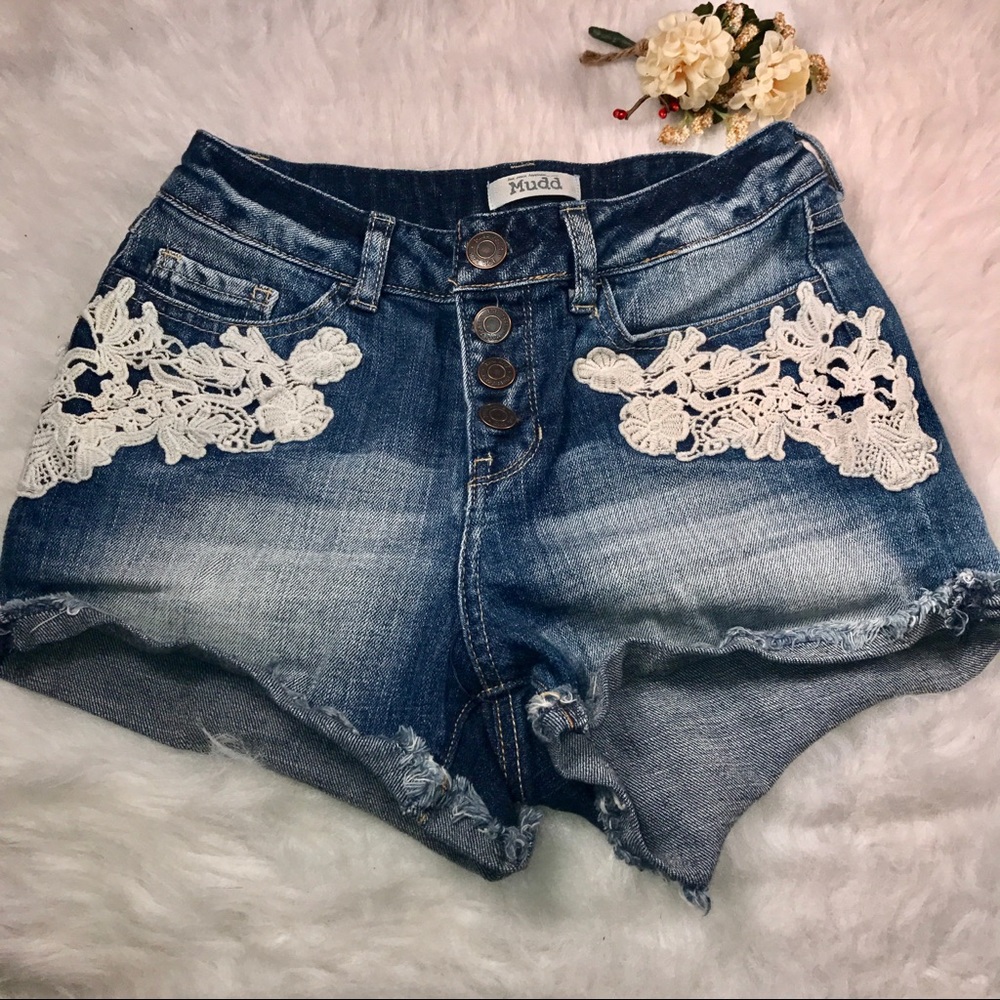 Embroidered Button Fly Denim Cut Off Jean Shorts